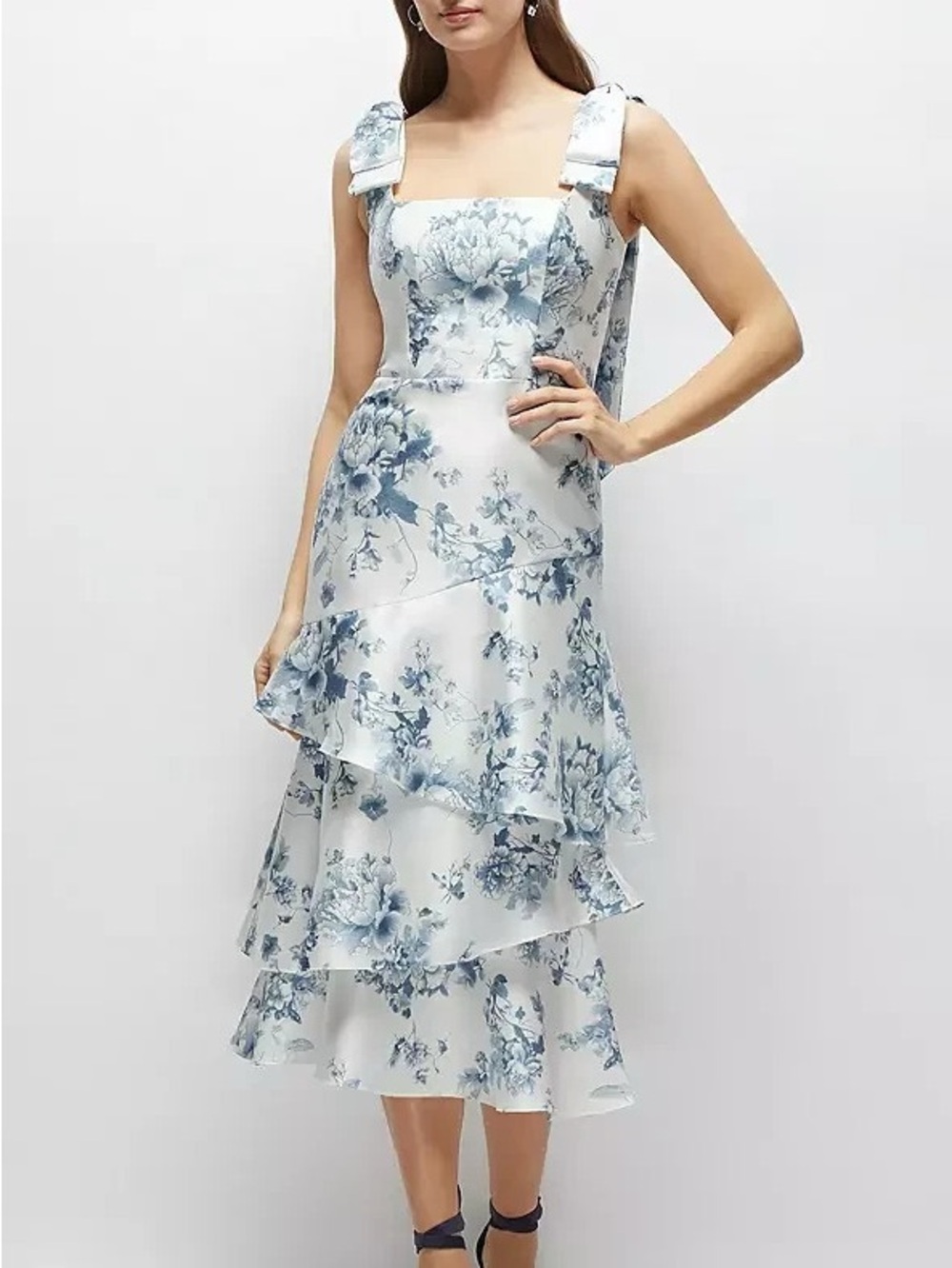 Dessy Collection Blue Floral Satin Tiered Midi Dress with Bow Straps